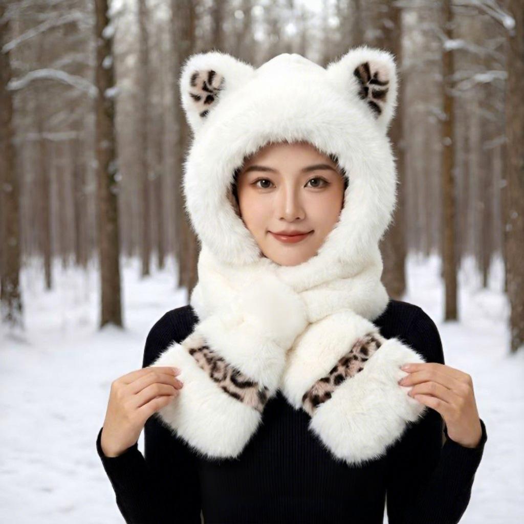 Leopard print splicing hat, scarf, two-piece set, thickened plush ears in autumn and winter, cute windproof integrated thermal hat woman