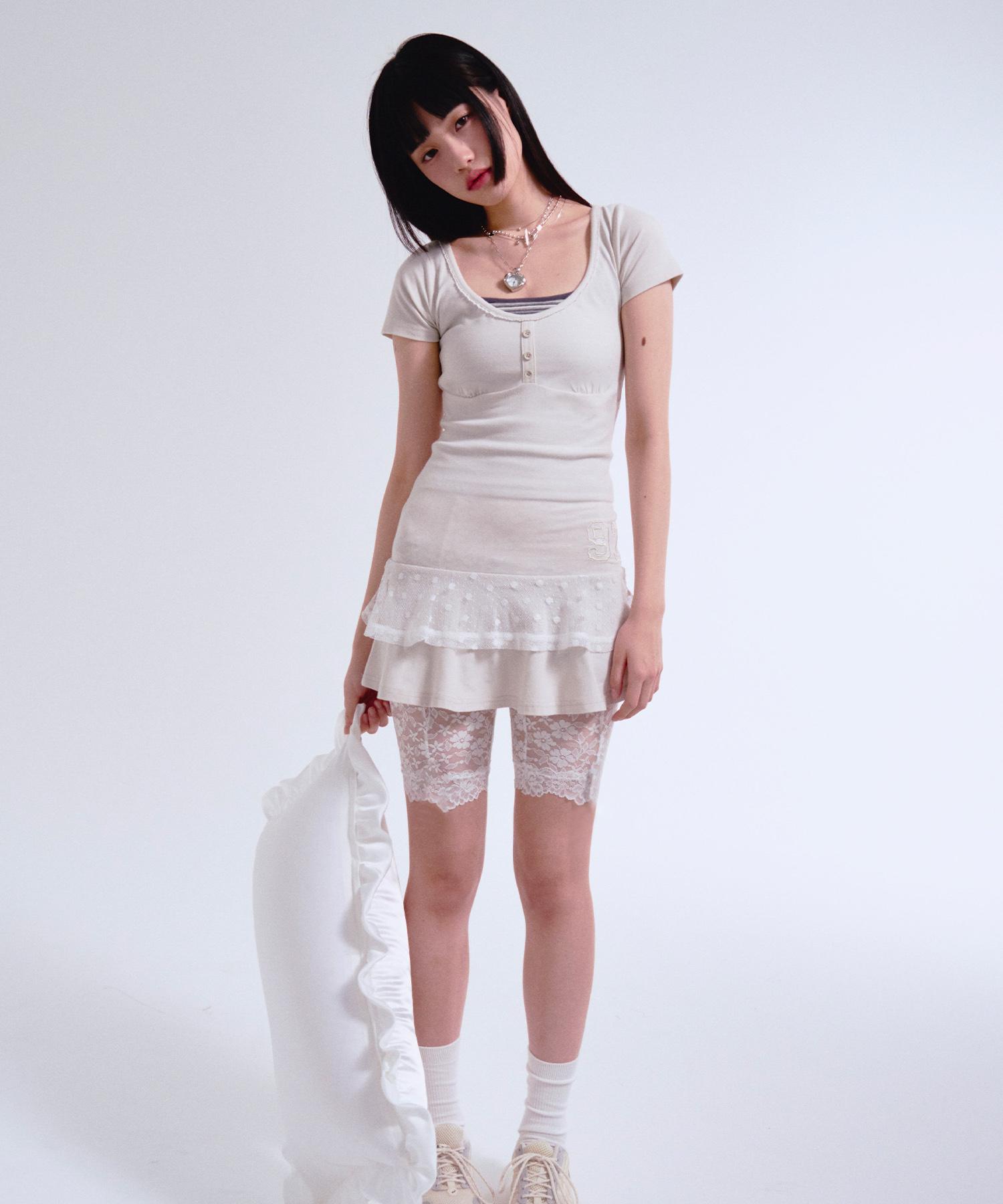 Prenda Shirring Lace Frill Tee Oatmeal Reference/Free