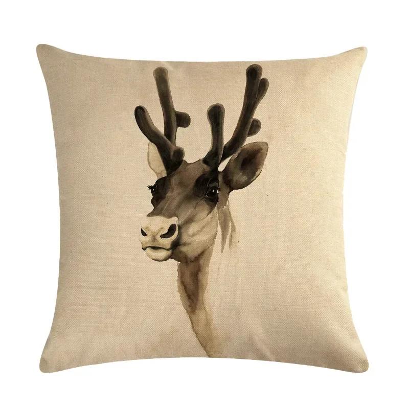 Nordic Cartoon Moose Art Oil Painting Linen Cushion Cover Living Room Sofa Car Decoration Furniture Pillow Cover 45*45Cm