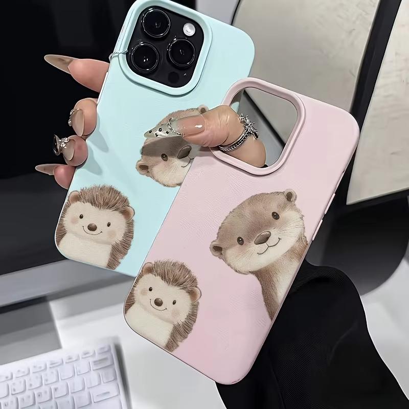 Cute Hedgehog And Otter Pattern Phone Case For iPhone 17 Pro Max 16 Plus 15 Pro 14 13 12 11 XS XR 17Air Lychee Textur Soft Cover