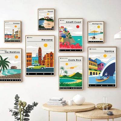 Maldives Venice Hawaii Tourism Print Minimalist Wallcovering Painting Tropical Beach Palm Tree Mural Home