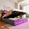 Upholstered Bed, 160x200cm, with USB C Charging Function, Headboard with Storage Compartment, Hydraulic Bed, without Mattress, With LED Lights, Grey