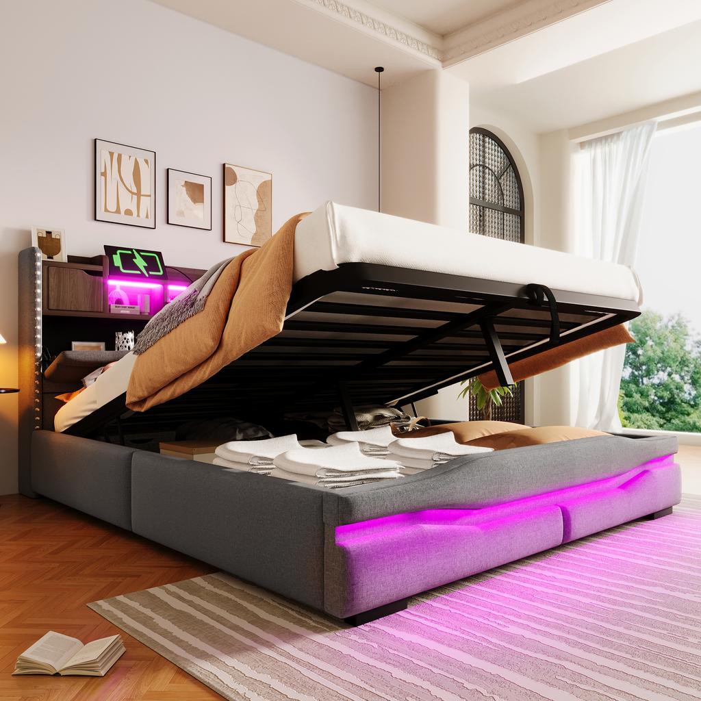 Upholstered Bed, 160x200cm, with USB C Charging Function, Headboard with Storage Compartment, Hydraulic Bed, without Mattress, With LED Lights, Grey