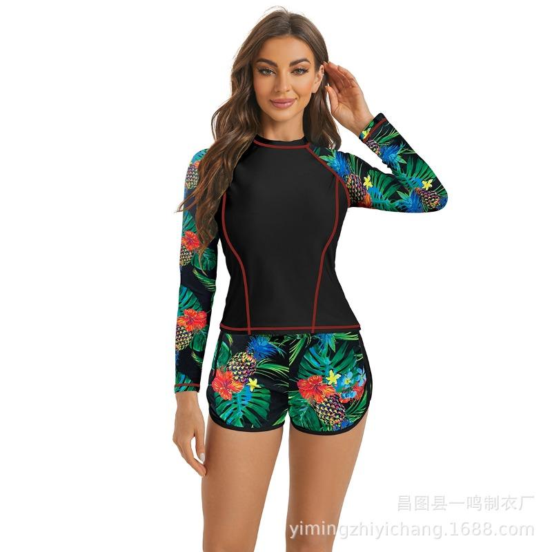 New European and American diving and surfing suits long sleeves fashion sunscreen printed split swimsuit women's clothing