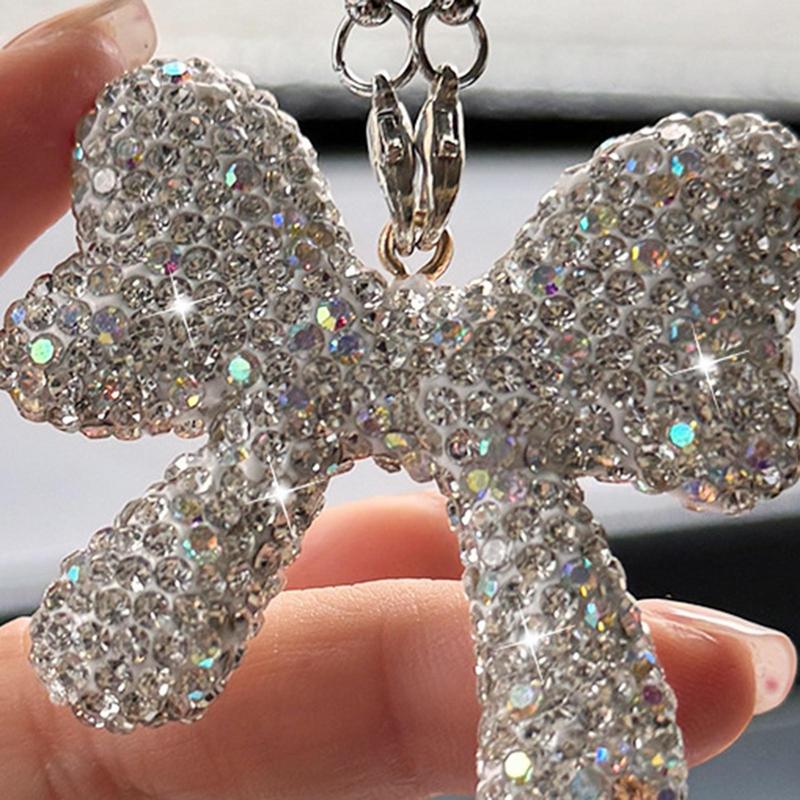 Car Hangings Ornament Bowknot Car Decor Rearview Mirror Charm With Rhinestones Versatile Automotive Ornaments Car Decorations