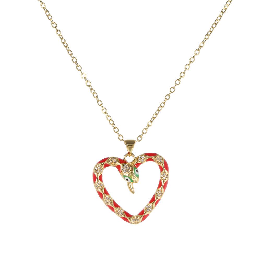 Luxury Copper Snake-Heart Pendant Necklace with Zircon & Glaze