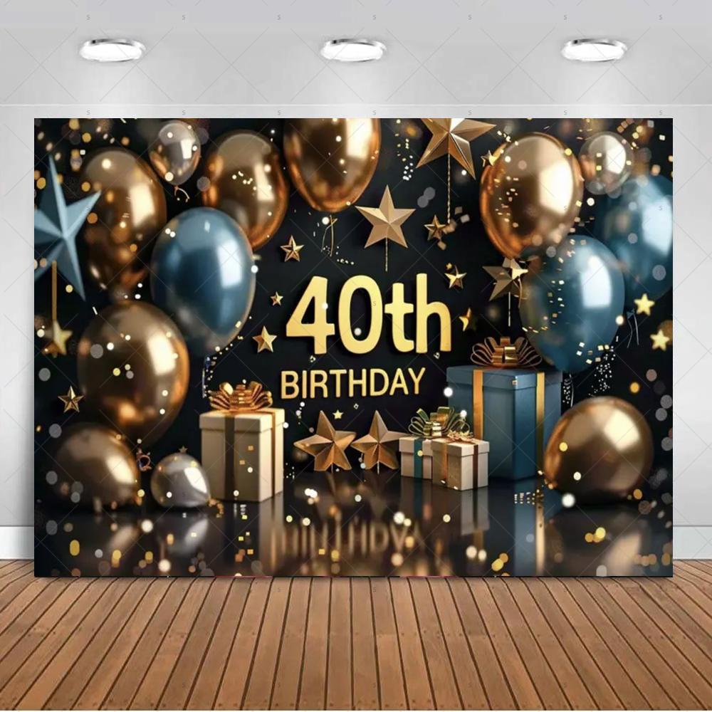 40th birthday party decorations, backdrop, black and gold theme, balloon banner, photo studio props4852