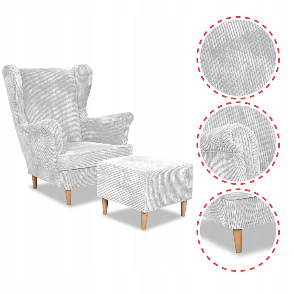 Bonito Wing Chair with Footstool Scandinavian Family Meble Corduroy Light