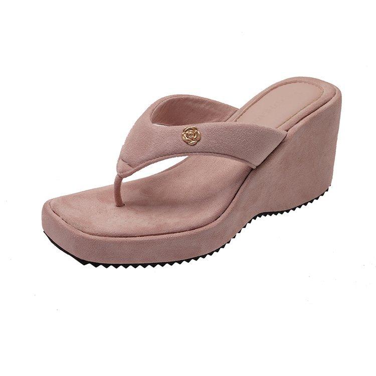 Soft Leather Version~ Thick Bottom Heightening Flip-flops Women Wear Small Fragrant Wind Toe High Heel Cool Slippers Casual Beach Slippers