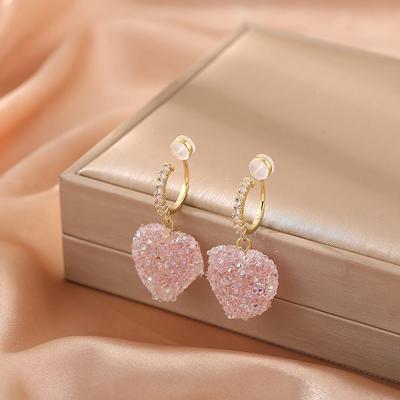 No Piercing Ear Clips Pink Heart Rhinestone Earrings New Cute Women Summer Ear Clips