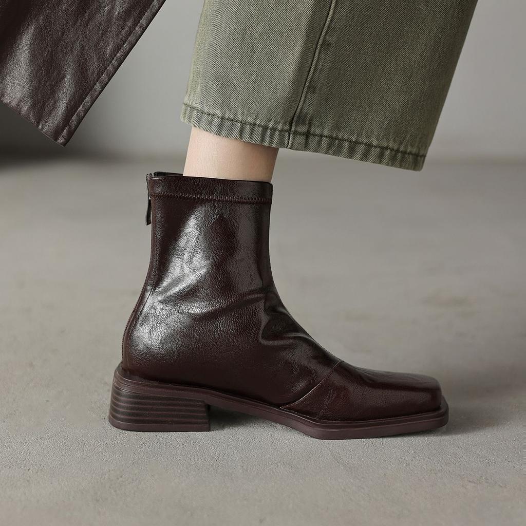 Niche design new retro square head thin short boots women's fashion mid-heel and ankle thin boots British Martin boots