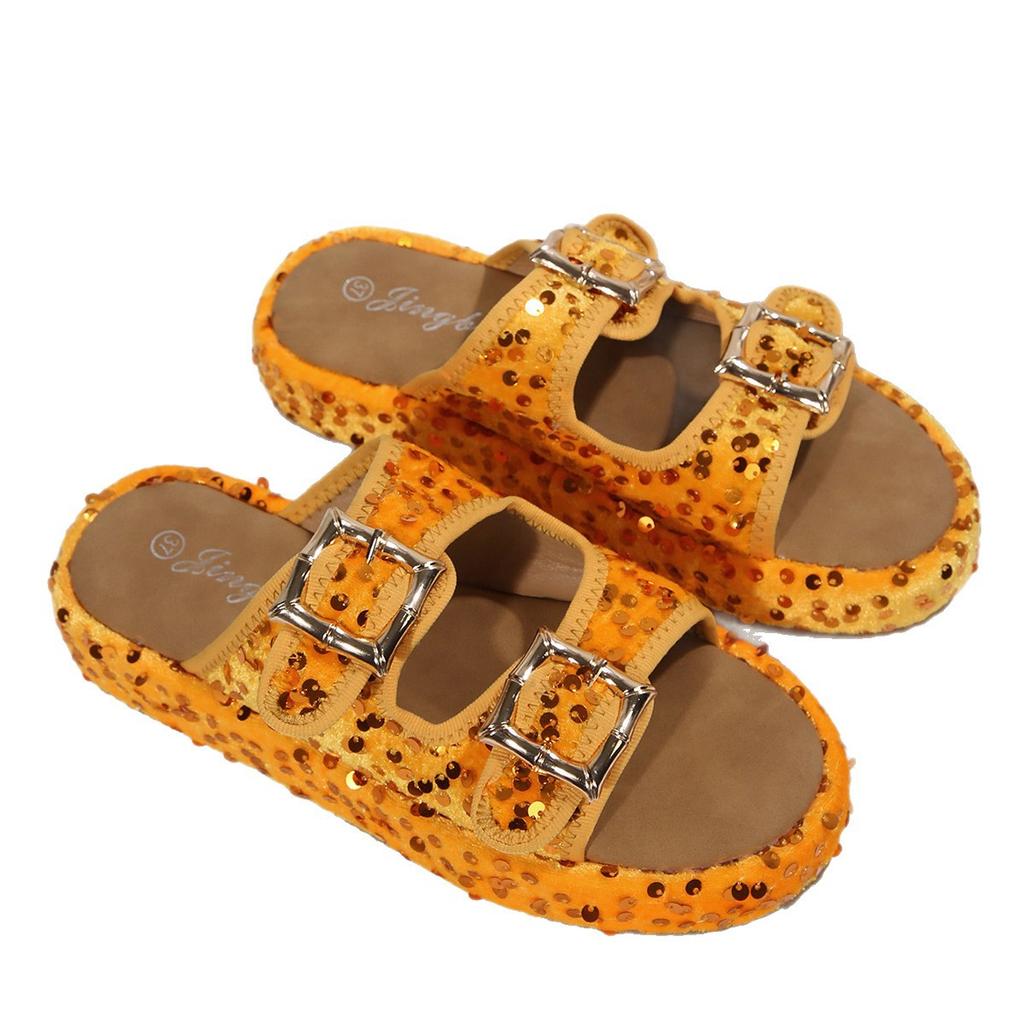 New Double Buckle Shoes Women's Casual Outer Wear Home Summer Cool Slippers European and American Large Size Rhinestone Platform Slippers