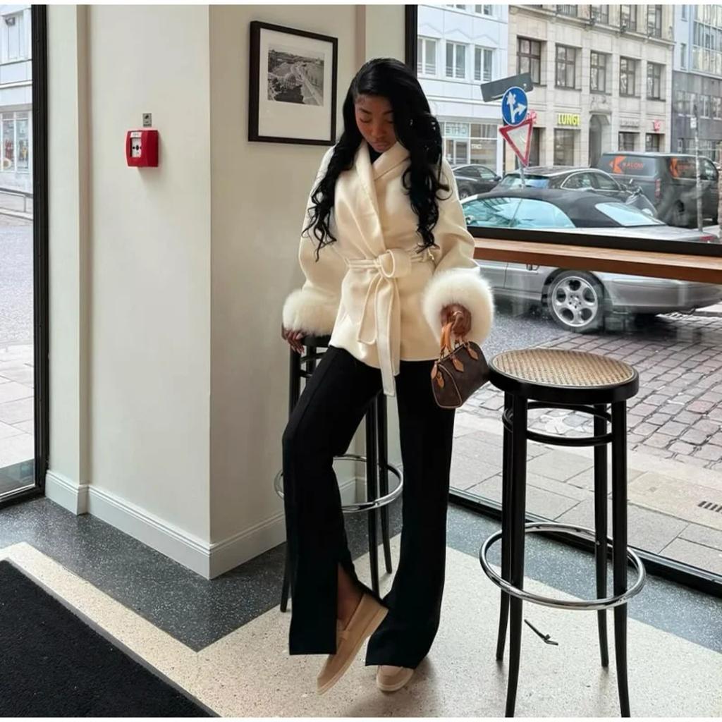 VAYLA Chic Lapel Plush Coat With Belt Women Vintage Solid Faux Fur Sleeve Tweed Open Coats Female Autumn Casual Street Outwear