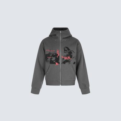 Mens Punk Style Hooded Zip-Up Sweatshirt With Metal Studs Vintage Graphic Print Cotton Long Sleeve Streetwear