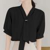 Ino Shirt Blouse Ribbon Top Short Sleeve Smooth Slimming Loose Fit Covers the Body Attractive Stylish Cute Plain Elegant Office Commuting Dates