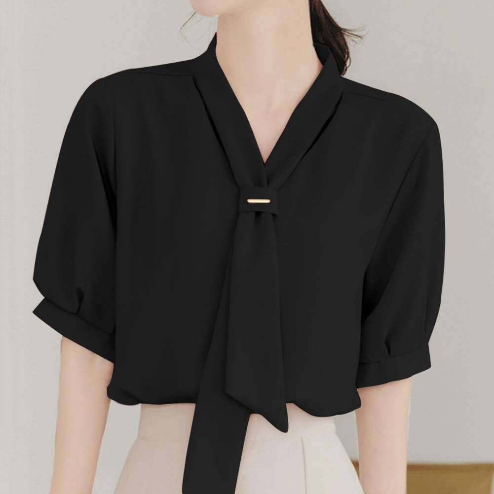 Ino Shirt Blouse Ribbon Top Short Sleeve Smooth Slimming Loose Fit Covers the Body Attractive Stylish Cute Plain Elegant Office Commuting Dates