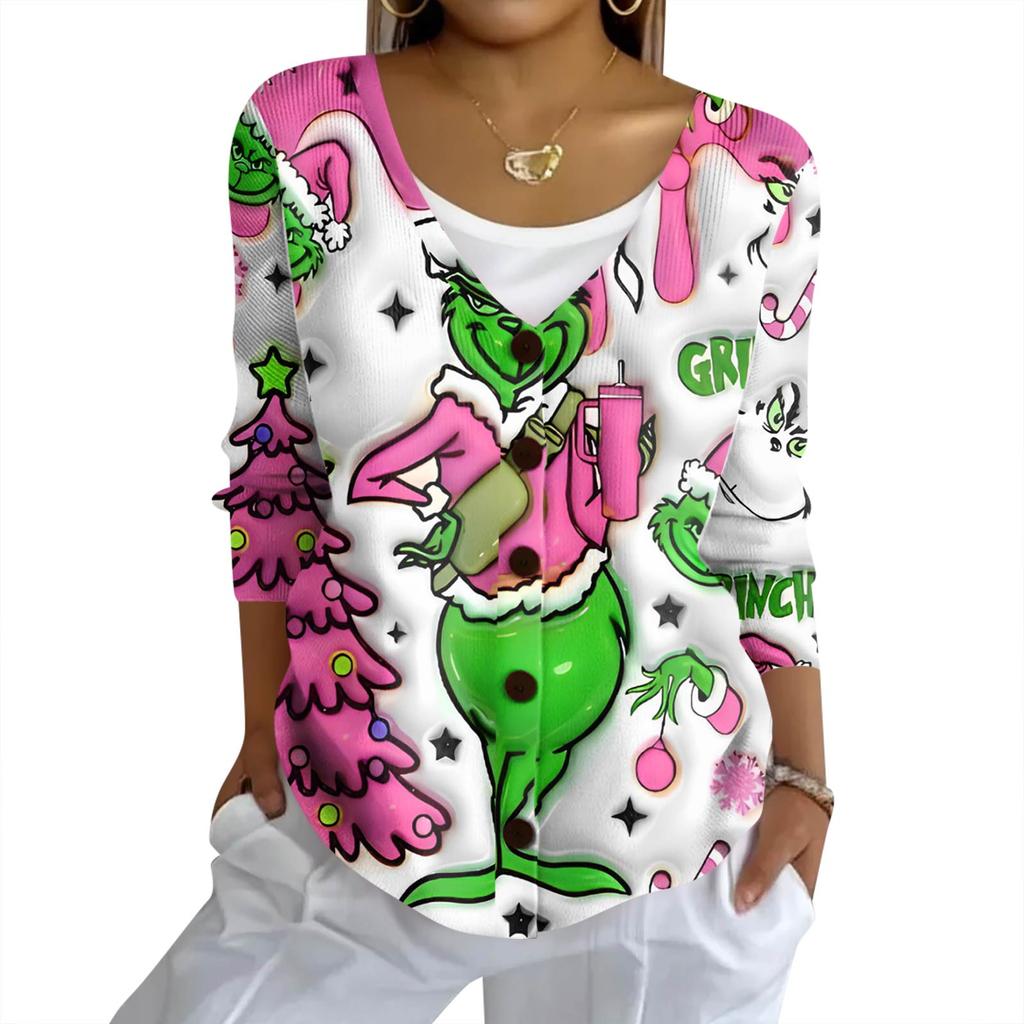 Women's Fashion Casual Knit Sweater Button-Up Christmas Print Cardigan Jacket