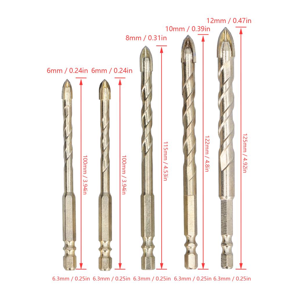 5Pcs Drill Bit Spear Head Hex Shank Drilling Tool Set Kit for Tile Concrete Glass