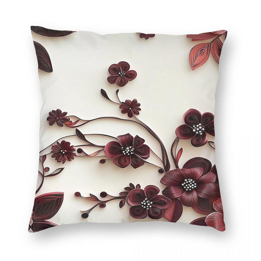 Burgundy Paper Floral Pillowcase Polyester Linen Velvet Printed Zip Decorative Home Cushion Cover