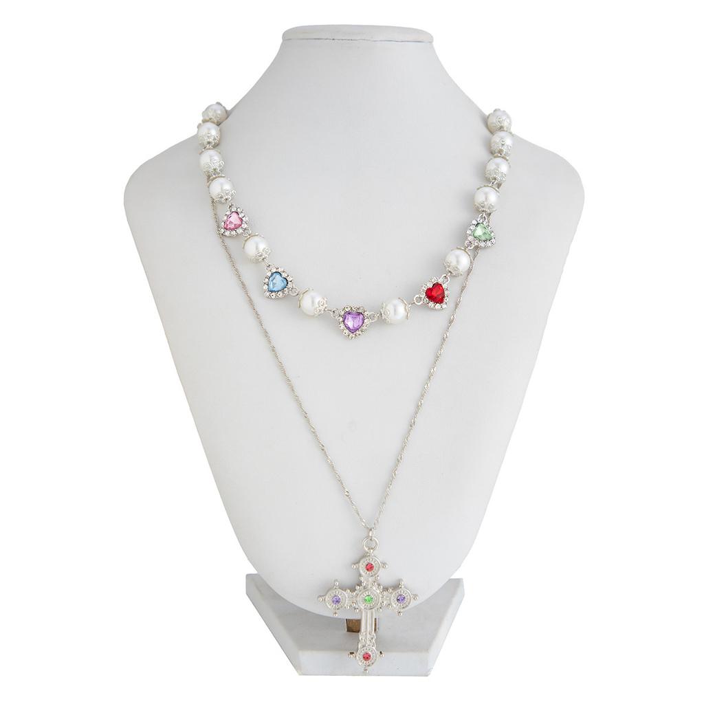 Personalized Diamond-Set Cross Stacked Necklace Female, Sweet And Cool Love Gemstone Imitation Pearl Chain Necklace