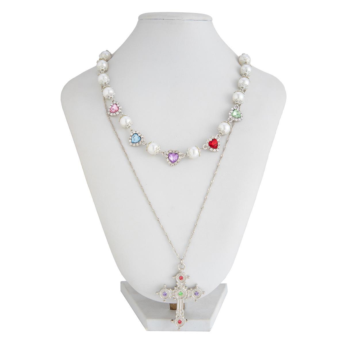 

Personalized Diamond-Set Cross Stacked Necklace Female, Sweet And Cool Love Gemstone Imitation Pearl Chain Necklace