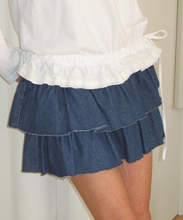 Ronron Cancan Ruffle Banding Denim Pantskirt Blue