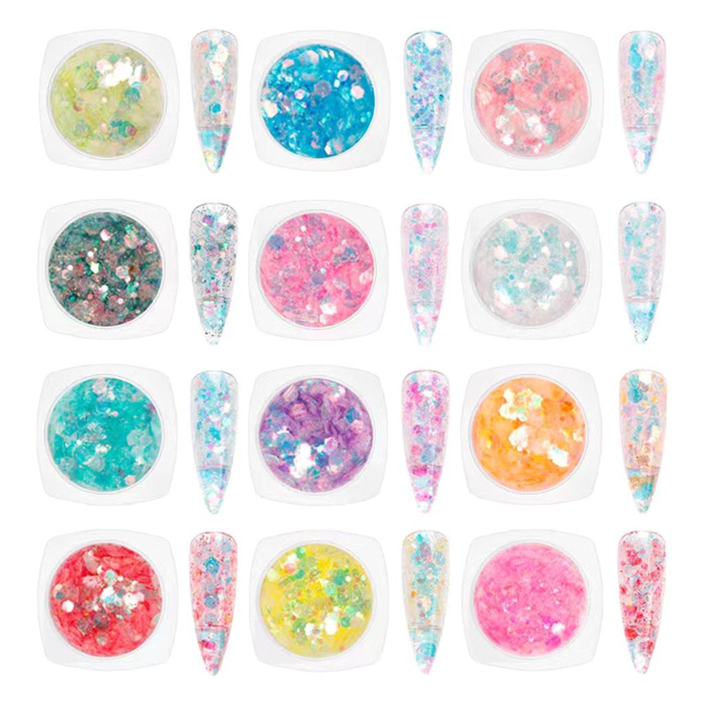 12Pcs Reflective Nail Art Powder Mixed Glitter Sequins Glitter Pigment Nail Crystal Sequins Nails Art Decoration