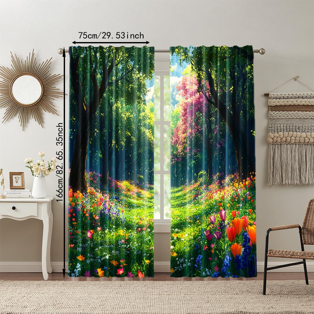 2 pcs, versatile polyester transparent curtains for home decoration Spring Flower for use in bedrooms and living rooms