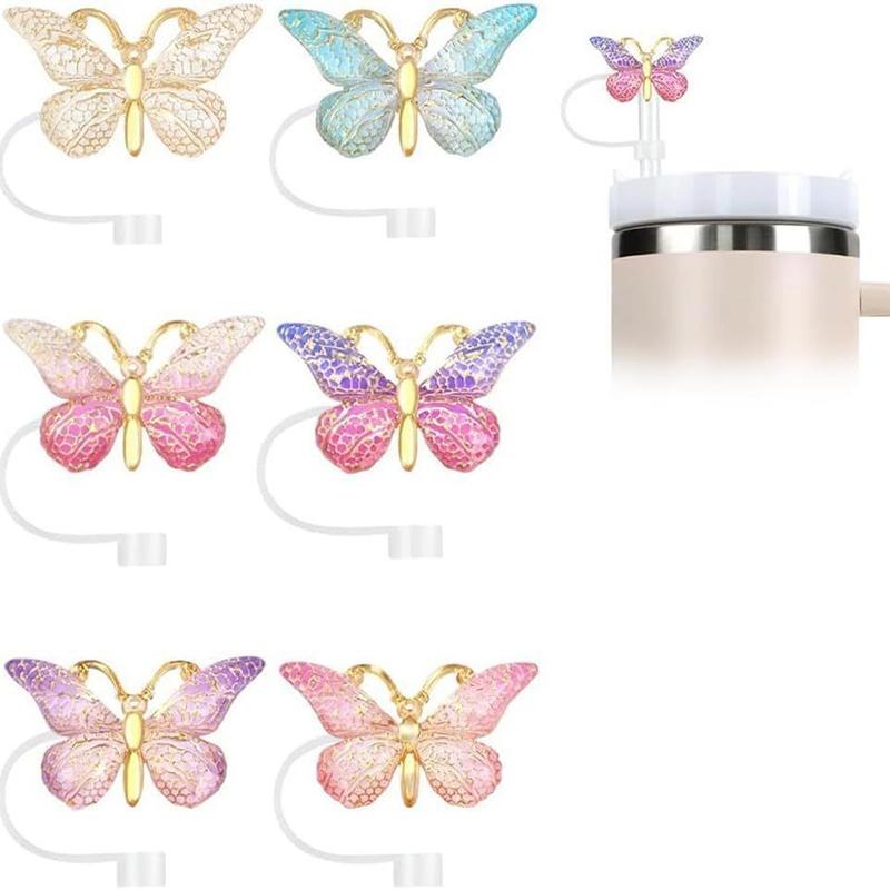 6Pcs Silicone Butterfly Straw Cover Cap Spill Stopper For Water Cup Heat-Resistant Dust Proof Straw Plug Cap Accessory