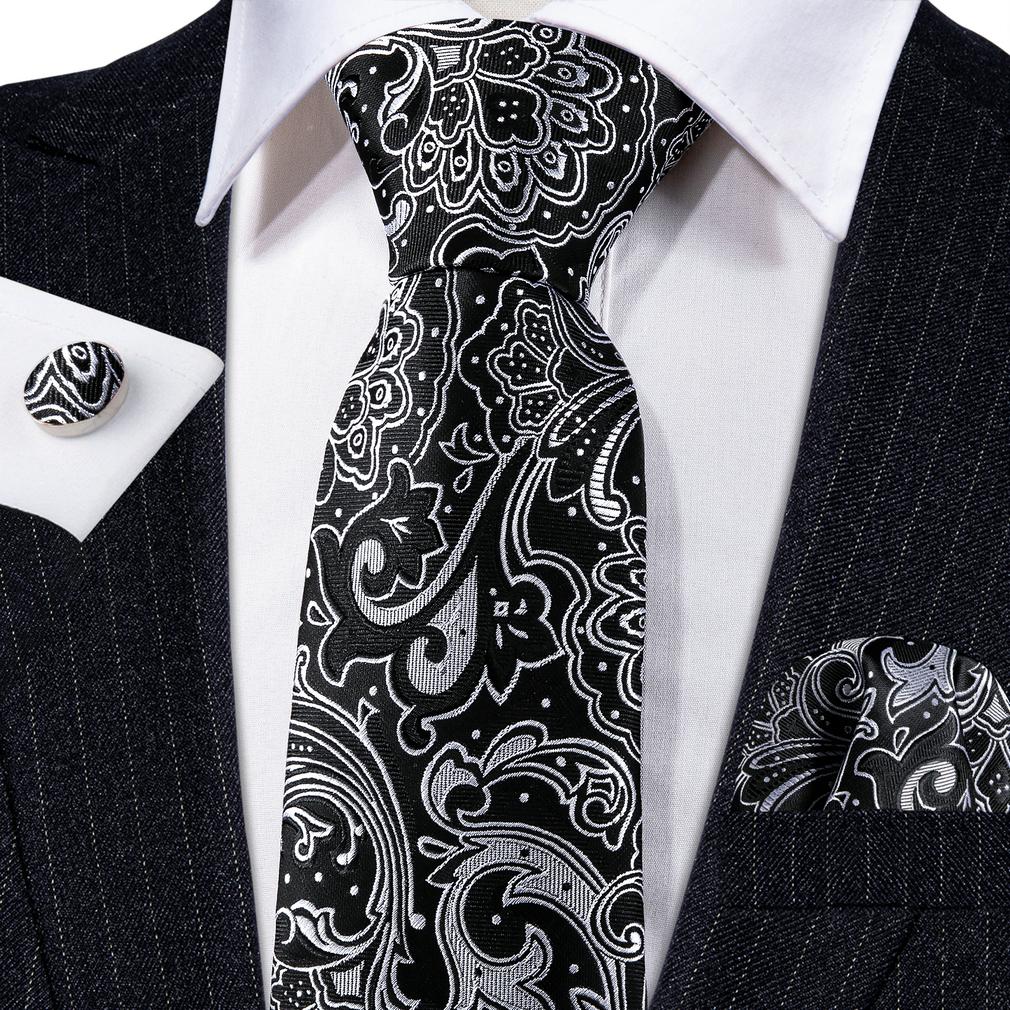 Barry.Wang Necktie Hankerchief Cufflinks Set Purple Blue Black Dots Jacquard Woven Wedding