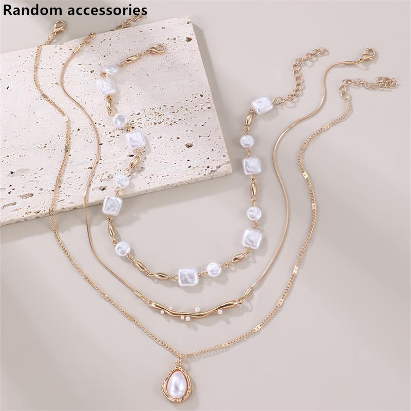 Geometric Artificial Pearl Pendant Necklace For Women With Multilayer Chain Summer Style