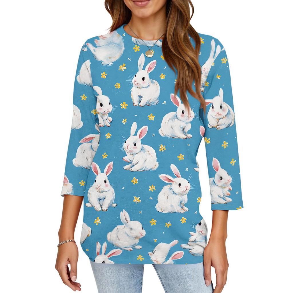 Women's Fashionable Casual Easter Bunny And Egg Print Neck Three-Quarter Sleeve T-Shirt