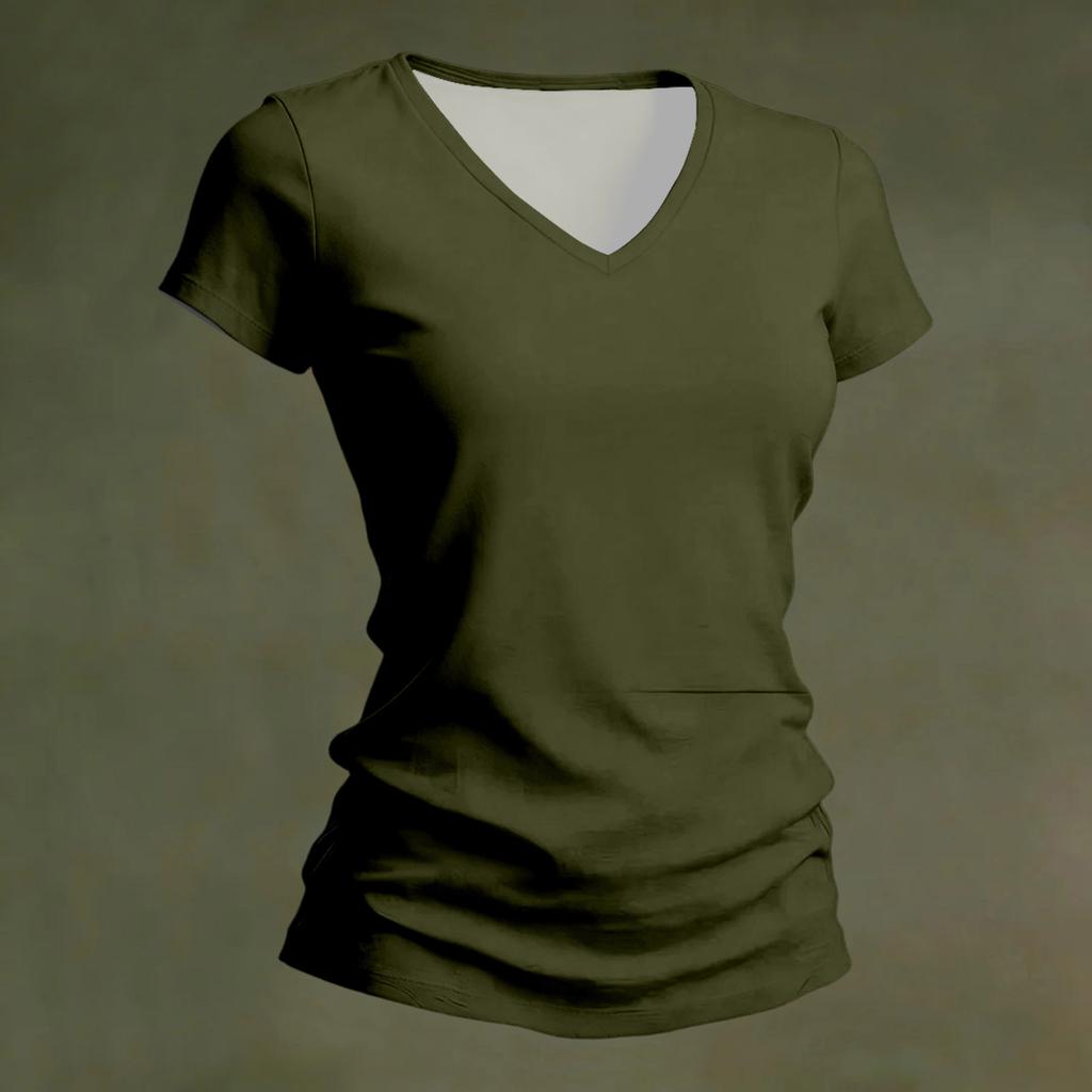 Damen Klassisches V-Ausschnitt Kurzarmhemd Lässige Passform Weiches Leichtes Unifarbenes Oberteil Bequemes T-Shirt