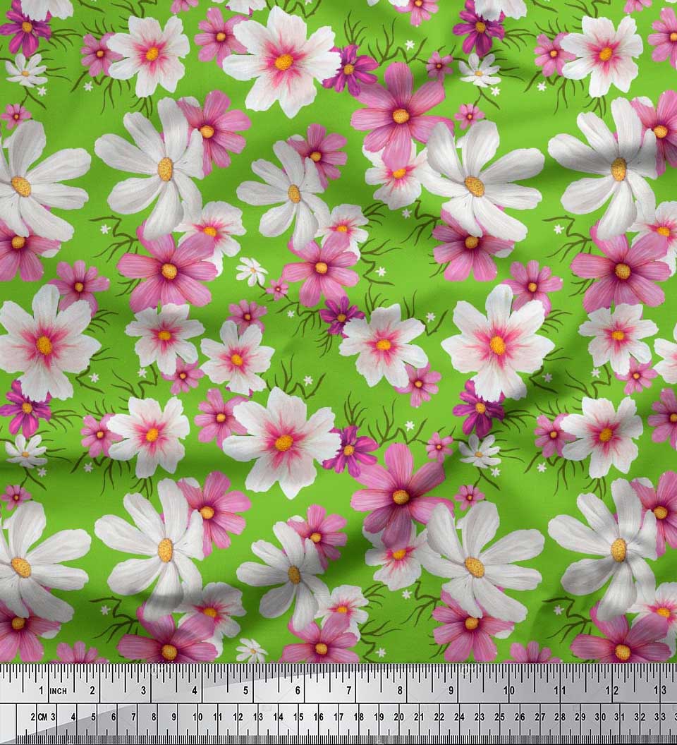 

Тканина Soimoi Japan Crepe Satin Cosmos Floral Print Швейна тканина метр 42 дюйма 42 Inch Wide - Poly Crepe зелений