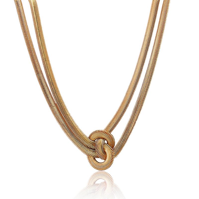 

Vintage Gold Knot Torque Clavicle Chain Necklace Ladies Metallic Texture Double Layer Knotted Snake Chain Necklace for Women