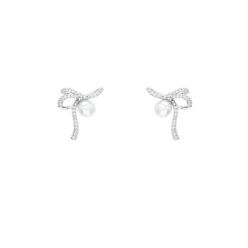 French Micro-inlaid Zircon Bow Earrings Women's Light Luxury Design Stud Earrings Small Ear Jewelry