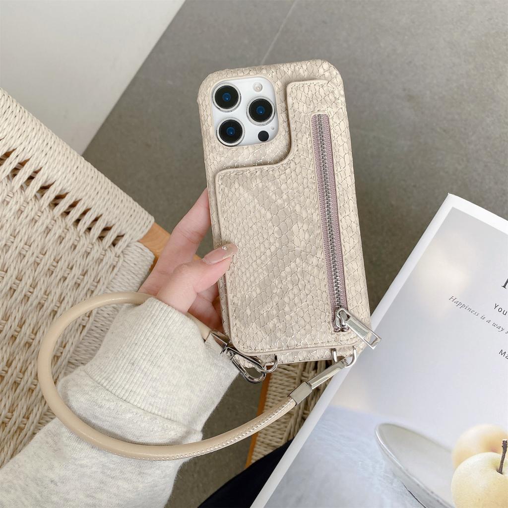 For iPhone 15 Pro Max Case Zipper Card Holder Mirror Snake Texture PU+PC Back Cover with Lanyard