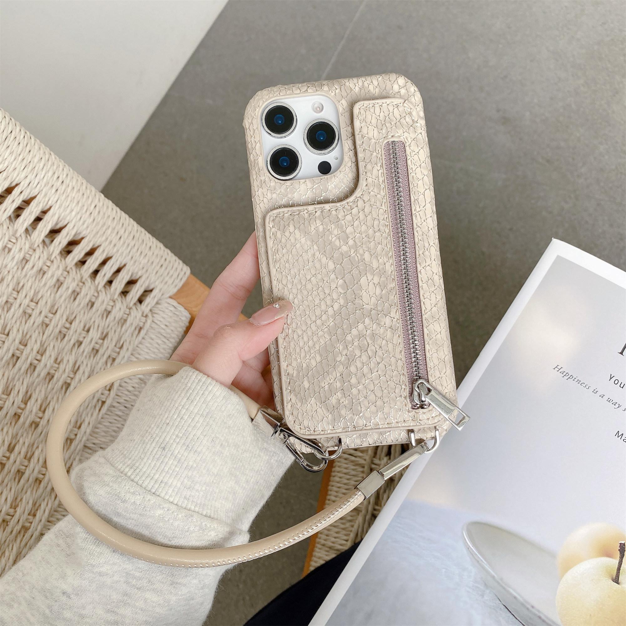 

For iPhone 16 Pro Case Zipper Card Holder Mirror Snake Texture PU+PC Back Cover with Lanyard Khaki
