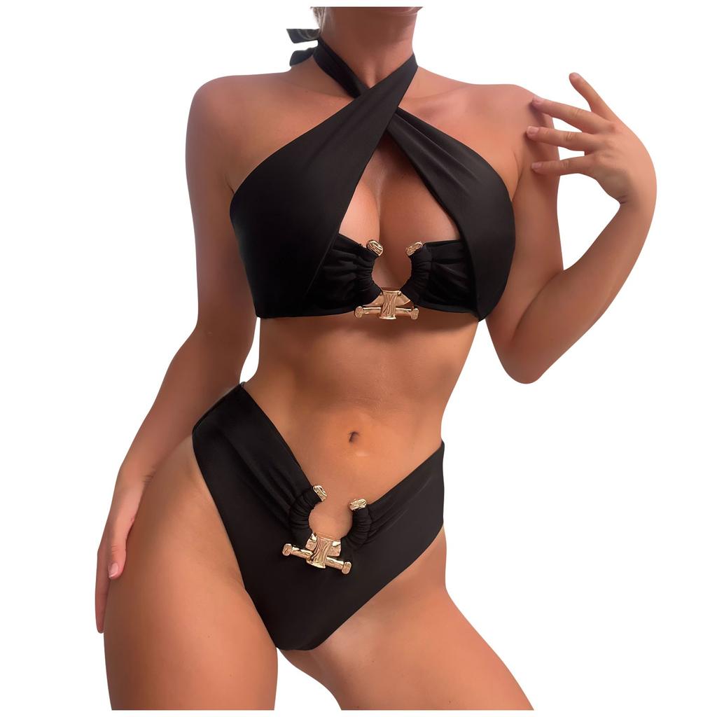 Women's Split Neck High Waist Sexy Hollow Back Bikini Swimsuit