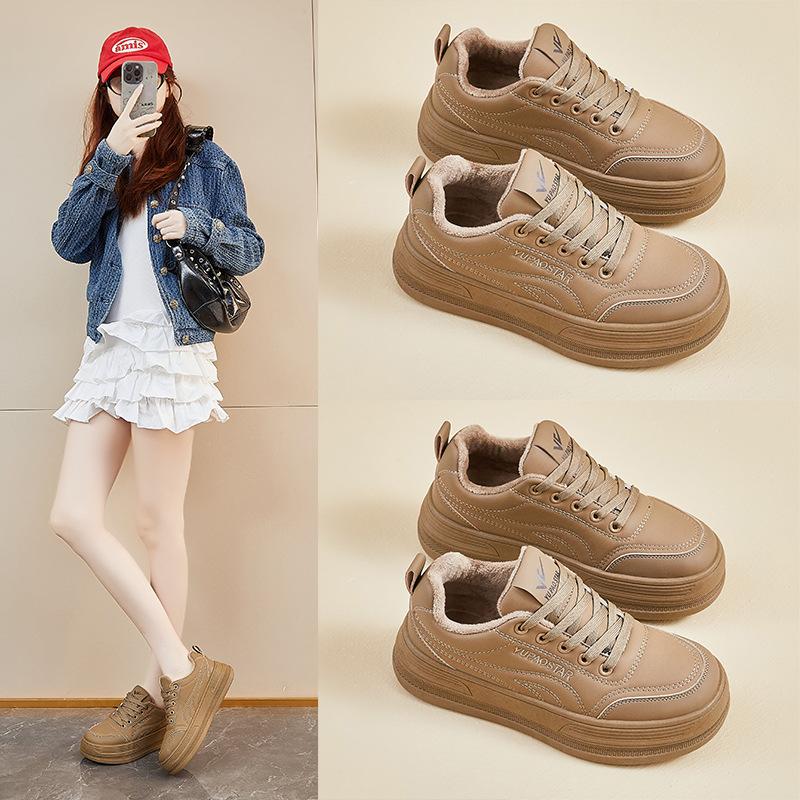 2025 Winter Plush White Shoes New Korean Edition Ins Female Students Thick Bottom Sports Board Shoes Casual Shoes