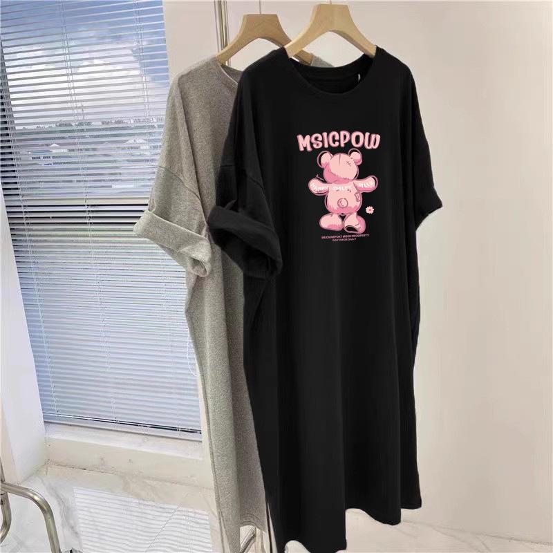 Korean Hip-Hugging Printed Plus Size Summer Dress, Mid-Length Over-the-Knee T-Shirt Style for Women, 2025 New Collection
