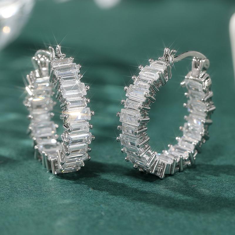 Elegant Sparking Synthetic Zirconia Silvery Plated Hoop Earrings for Women and Men's Concise Wedding Jewelry Accessories Crafts