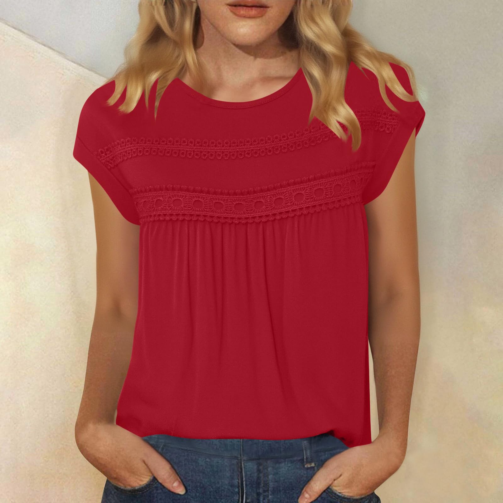 Women s  Lace  Shirts  Fashion Short Sleeve Casual  Pleated Top L