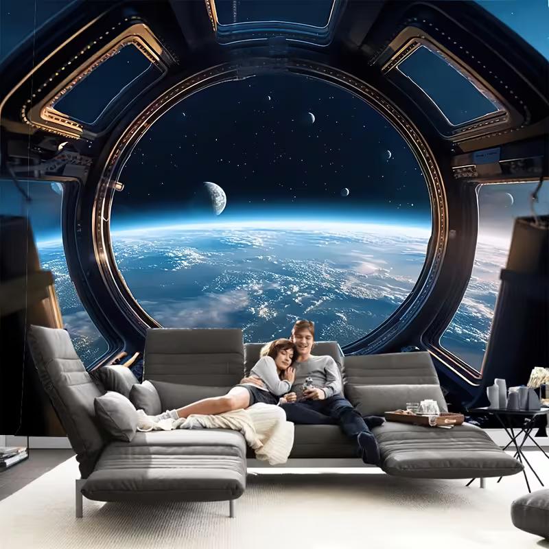 2D Spaceship Cabin Window Tapestry, Outer Space Background 47.2x31.5inch/120*80cm