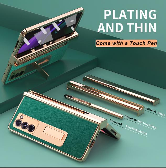 Plating Hinge Protector Case For Samsung Galaxy Z Fold 2 5g Leather Case With Touch Pen Magnetic Holder Front Screen Glass Film