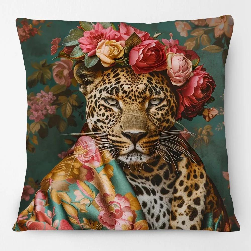 

European Fashion Leopard With Wreath Animals Portrait Painting Cushion Covers Decorative Pillows Case home decor 40x40cm16x16Inch