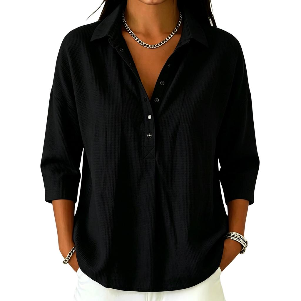 Women's Casual V Neck Button Down Waffle Knit Top Three Quarter Sleeve Relaxed Fit Lightweight Shirt for Everyday Wear