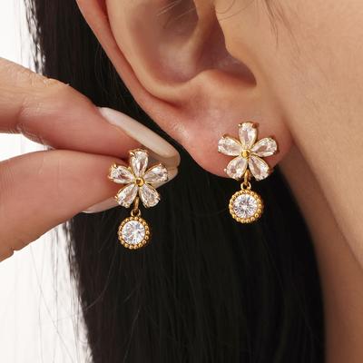 18K PVD Gold Plated Stainless Steel Earrings Fashion Drop Jewelry with Zircon Flower Elegant Ear Studs