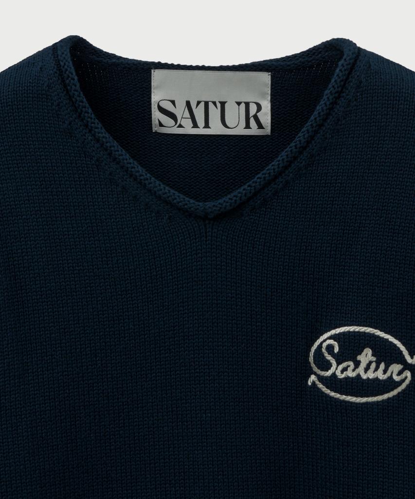 Seteo Rope Logo Embroidered V-Neck Knit Navy
