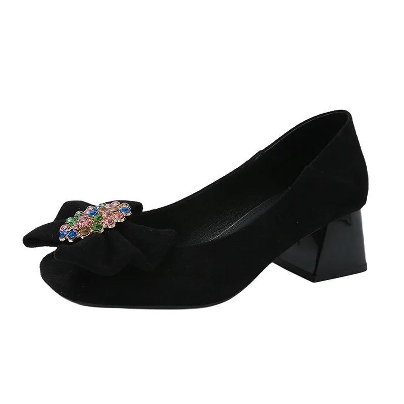 Fashion 2025Pumps Spring and Autumn New style fashion square heel single shoes Sweet bow Bright Diamond party women's shoes